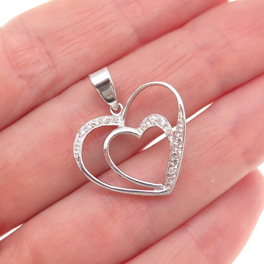925 Sterling Silver Round-Cut C Z Double Heart Mini Charm Pendant
